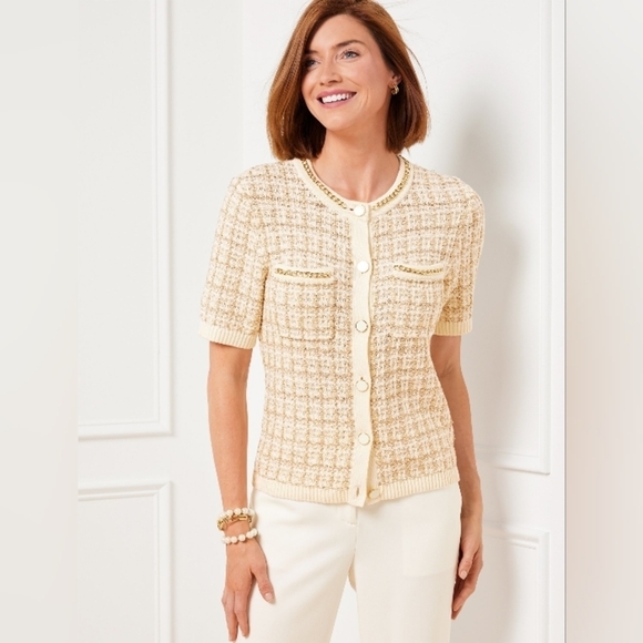 Talbots Short Sleeve Cardigan Metallic Jacquard Sz L - Picture 1 of 8